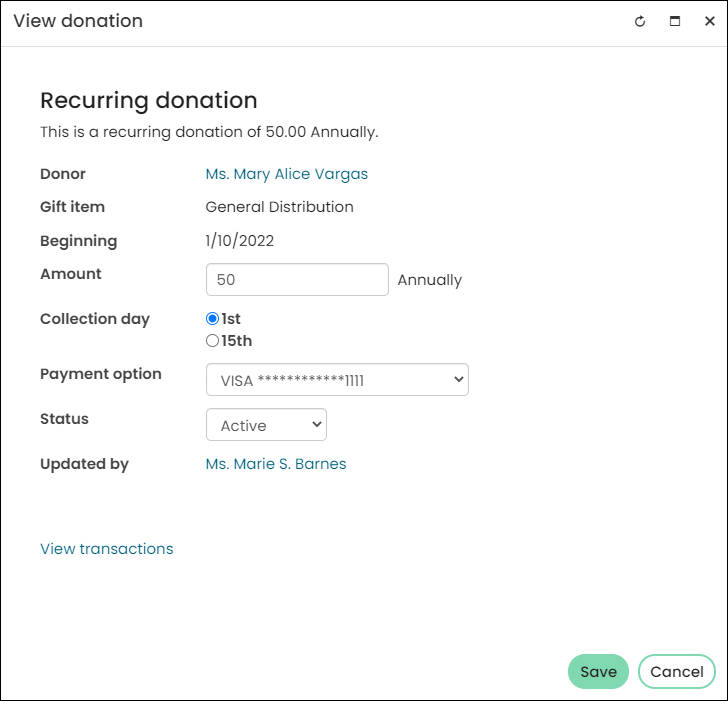 Viewing a recurring doantion